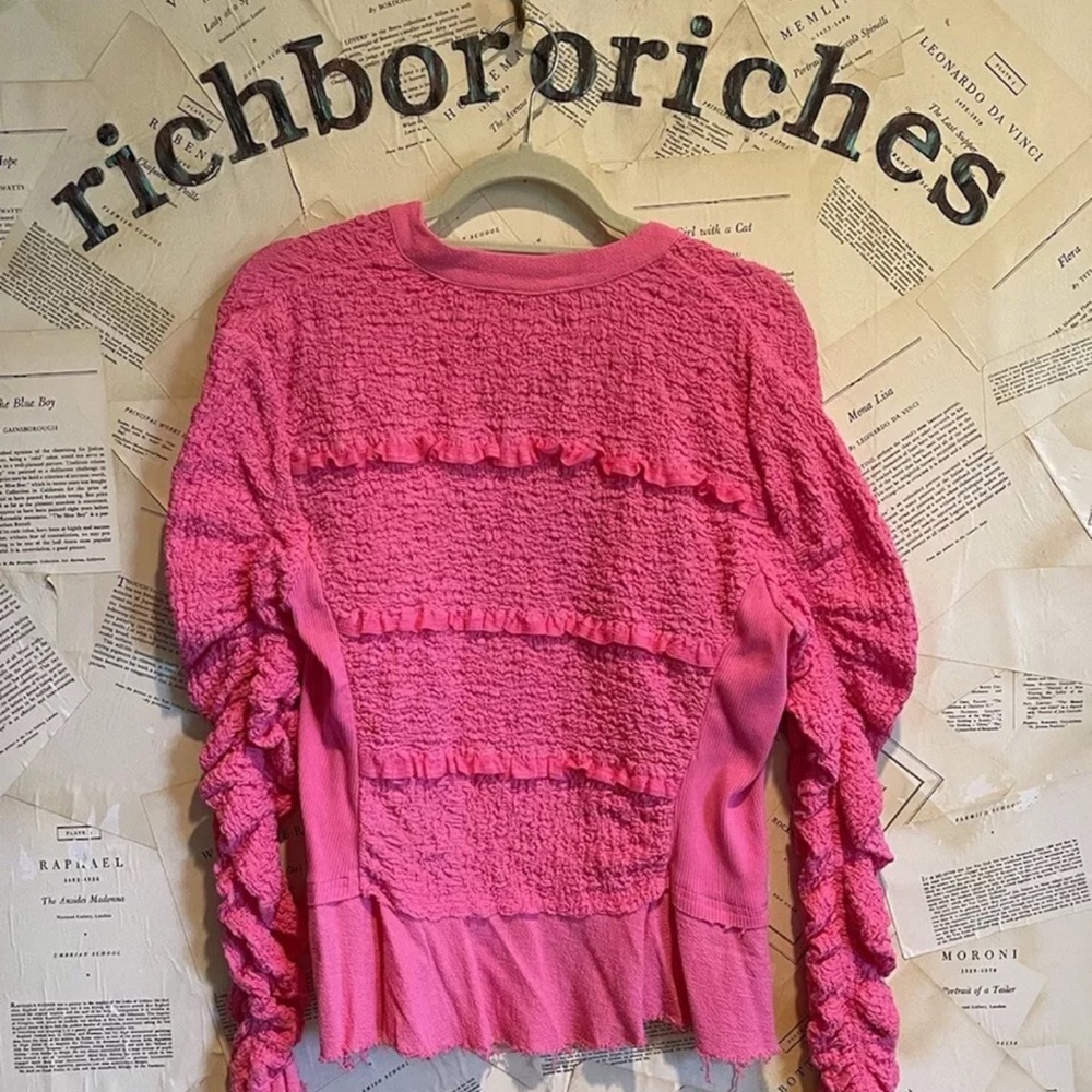 Free People Demi Jacket Textured Ruffle Lace Adorned Raw Hems Pink Aurora - Picture 6 of 6